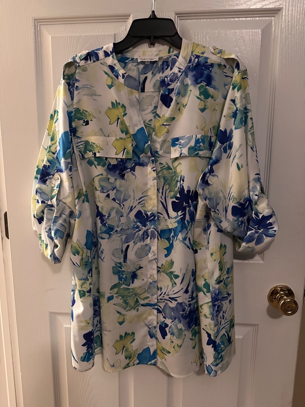 Calvin Klein Blue & Green Watercolor Print Blouse